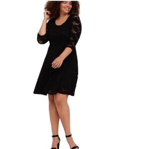 Women's Plus 3 Torrid Black Lace Fluted 3/4 Sleeve Pockets Dress Round Neck